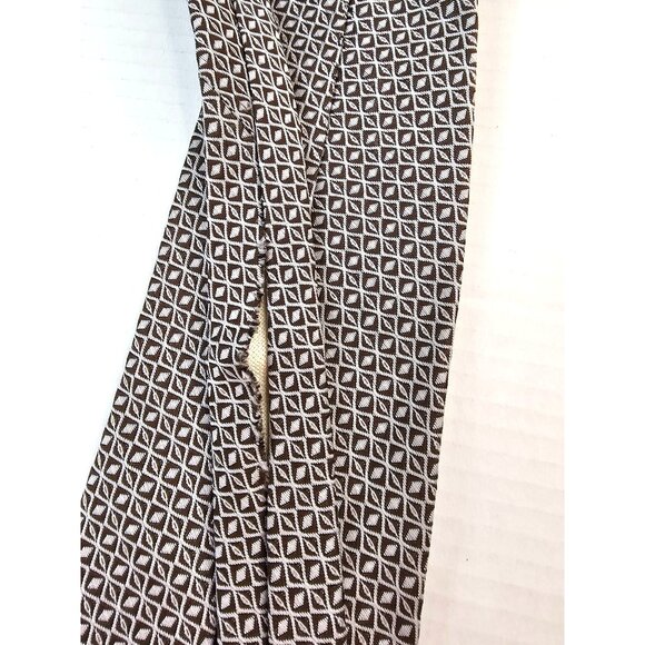 Vintage Lovemans Brown & White Geometric Pattern Necktie Polyester Red Lining - Picture 7 of 7